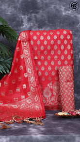 Indian Pinkish Red Silk Cotton Self Zari Woven Banaras Salwar